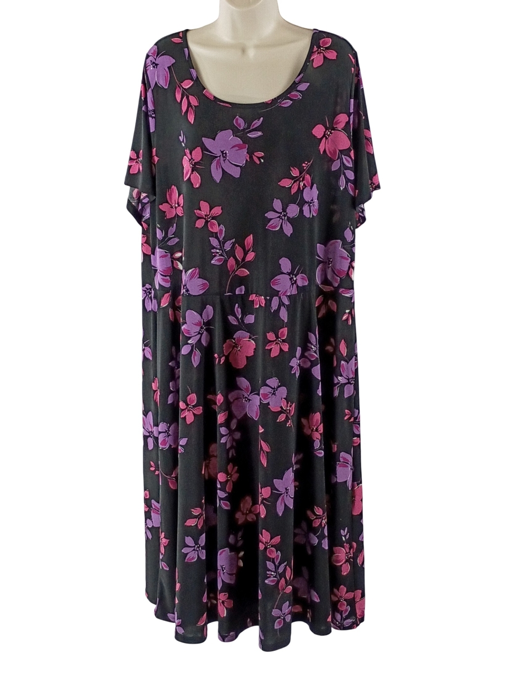 Woman Within Black Midi Dress with Pink and Purple Floral Print